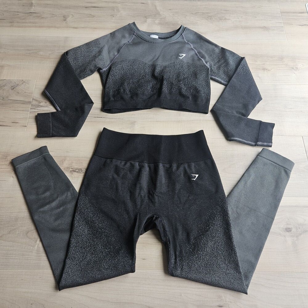 Gymshark Women's Medium Gray Long Sleeve Crop Top and Leggings Matching Set EUC - Picture 1 of 5